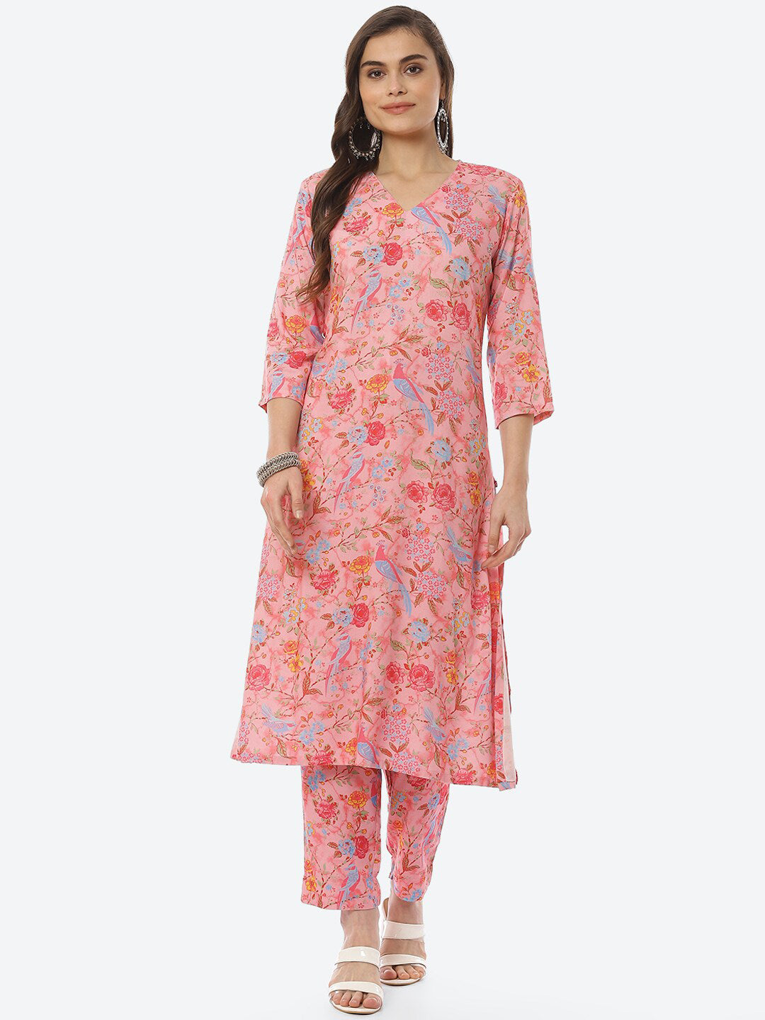 Biba Women Pink Floral Printed Regular Kurta with Trousers - Distacart
