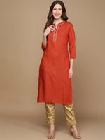 Thumbnail for HERE&NOW Orange & Gold-Toned Mandarin Collar Striped Sequined Straight Kurta - Distacart