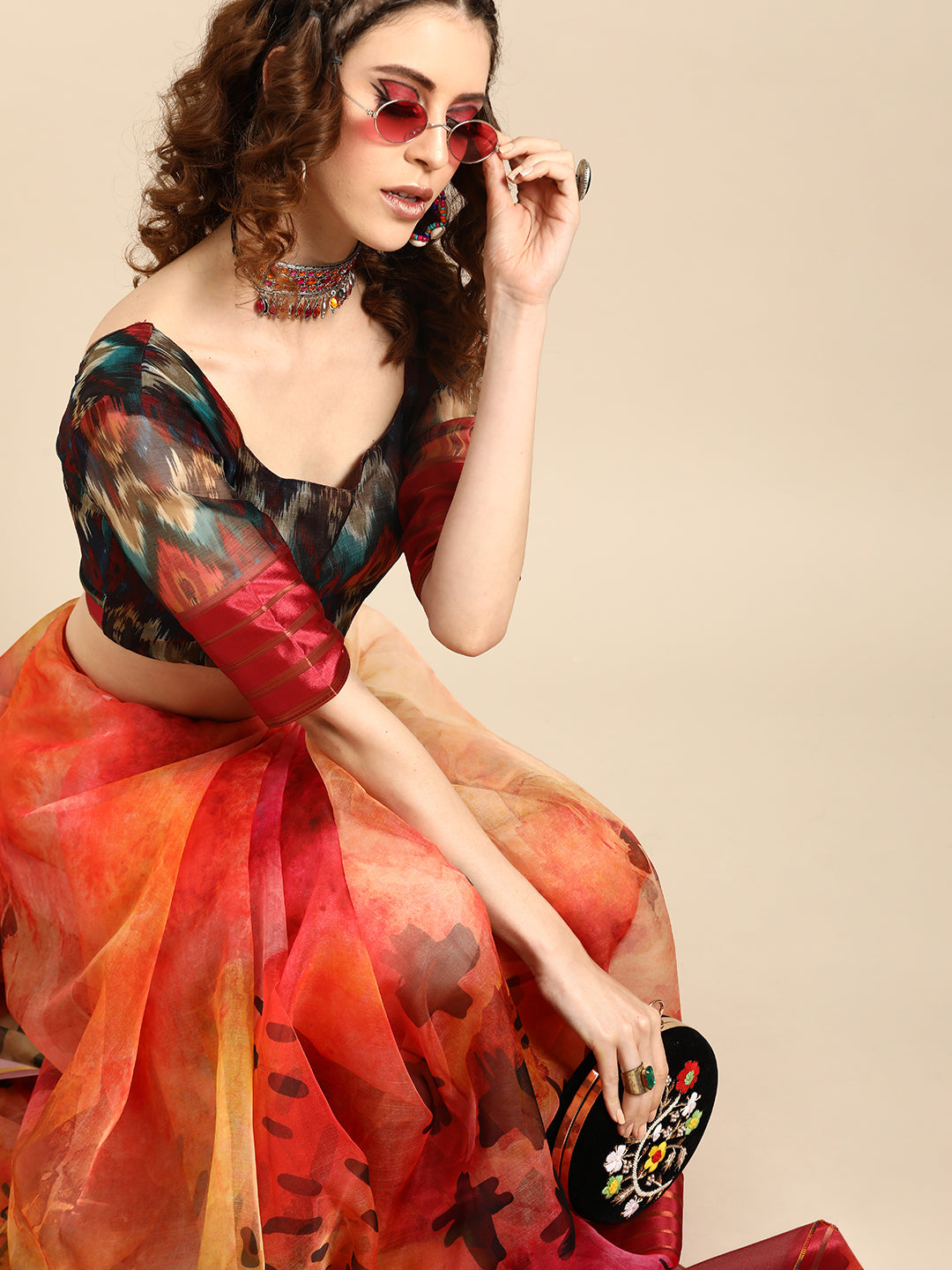 Saree Mall Red & Black Organza Printed Saree - Distacart