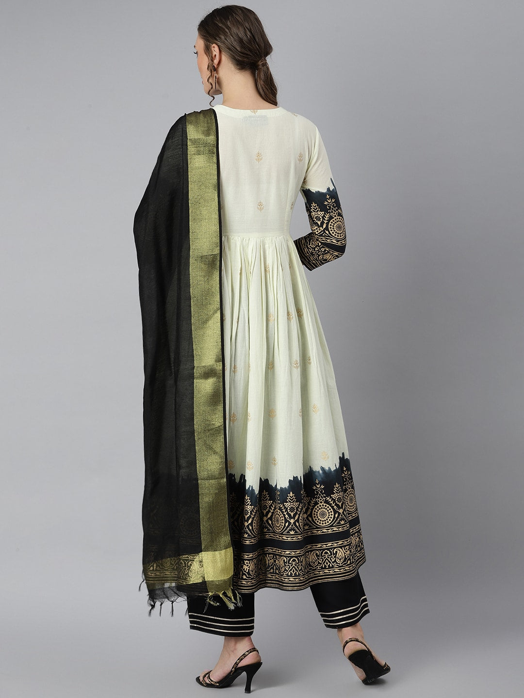Khushal K Women Cream-Coloured & Black Printed Kurta with Palazzos & Dupatta - Distacart