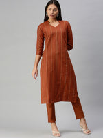 Thumbnail for Kalini Women Rust Red Pure Cotton Geometric Woven Design Kurta with Trousers - Distacart
