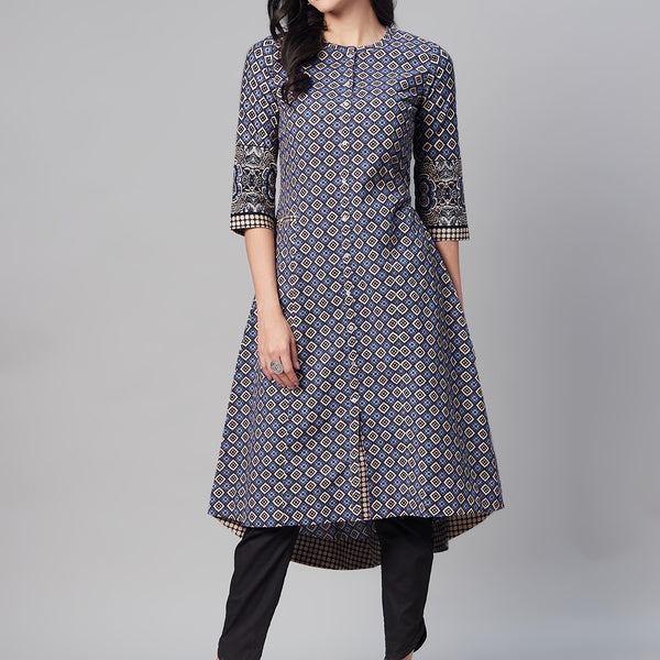 Biba Women Blue & Off White Geometric Printed Kurta - Distacart