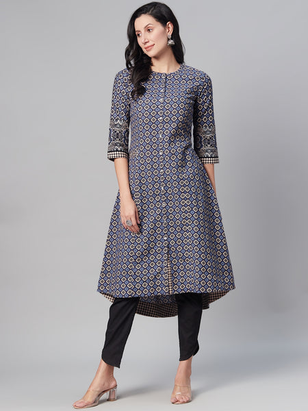 Biba Women Blue & Off White Geometric Printed Kurta - Distacart