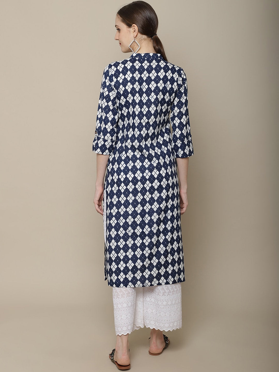 Sangria Women Navy Blue & White Geometric Printed Kurta - Distacart