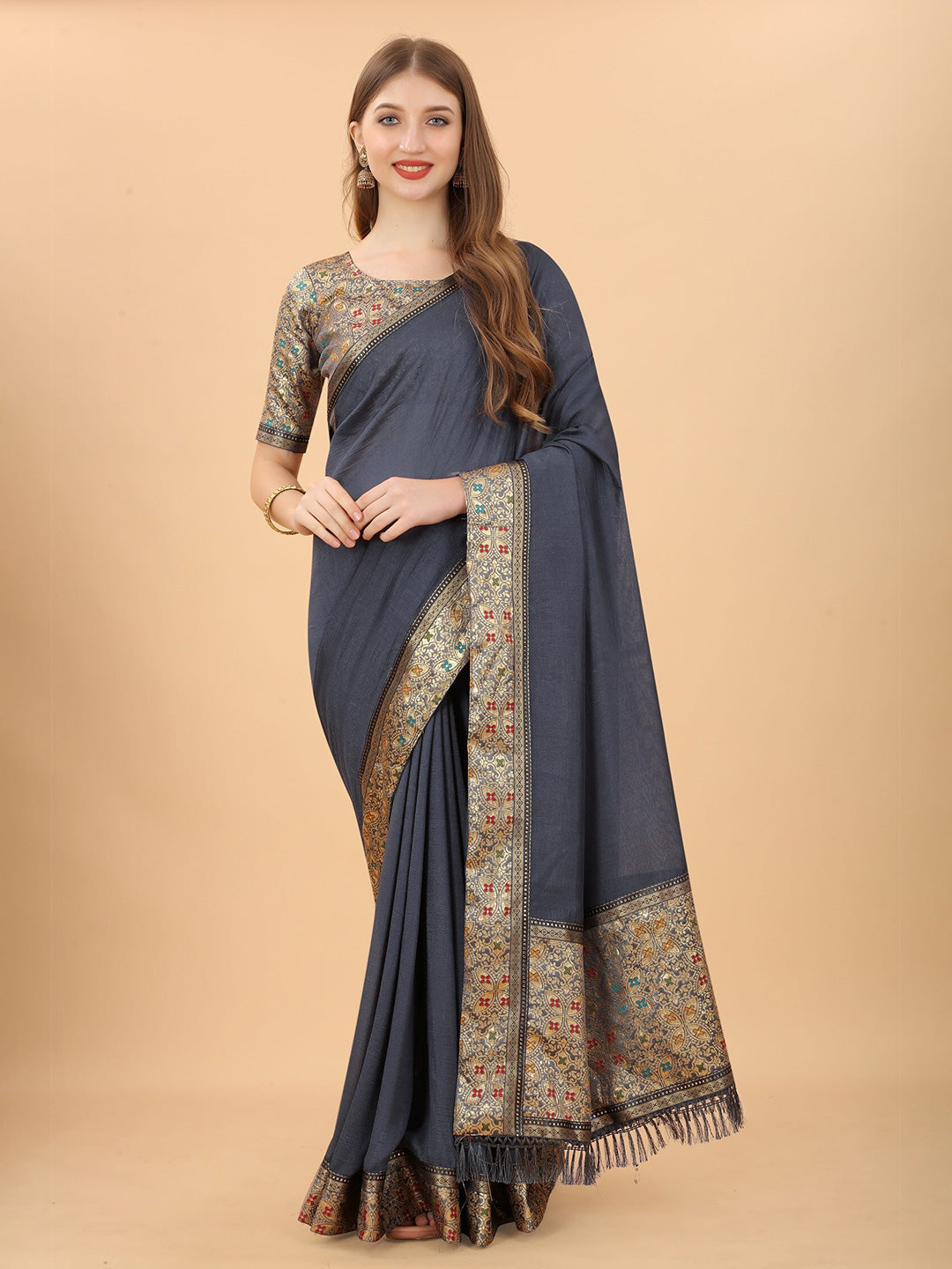 Kalini Women Grey & Gold-Toned Pure Silk Saree - Distacart
