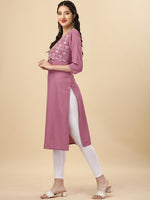 Thumbnail for HERE&NOW Mauve & Biege Ethnic Motifs Embroidered Yoke Design Mirror Work Kurta - Distacart