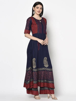 Aniyah Rayon Navy Blue Color Block Print Anarkali kurta (AN-177K)