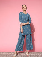 Thumbnail for Sangria Women Blue Ethnic Motifs Printed Empire Pure Cotton Kurta with Palazzos - Distacart