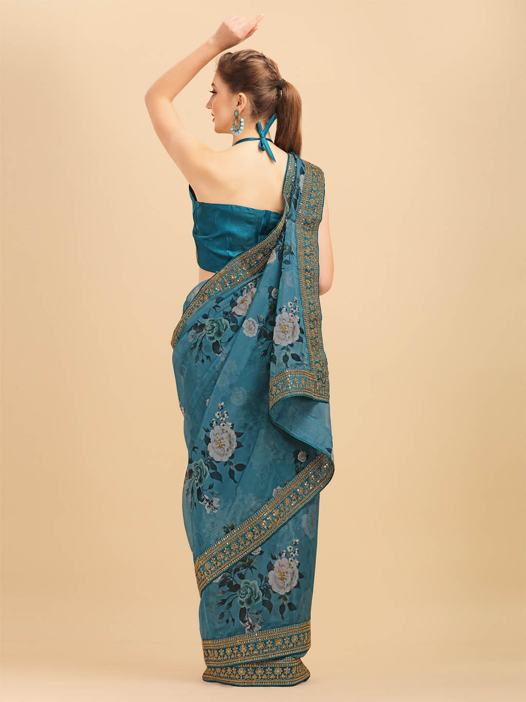 Sangria Teal & White Floral Embroidered Organza Saree - Distacart
