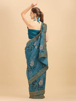 Thumbnail for Sangria Teal & White Floral Embroidered Organza Saree - Distacart