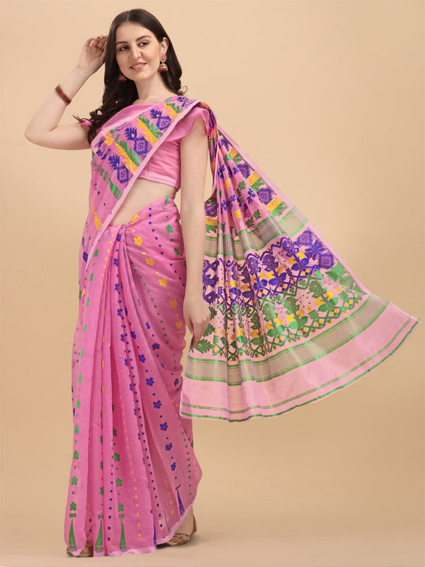 Kalini Pink & Purple Ethnic Motifs Silk Cotton Jamdani Saree - Distacart