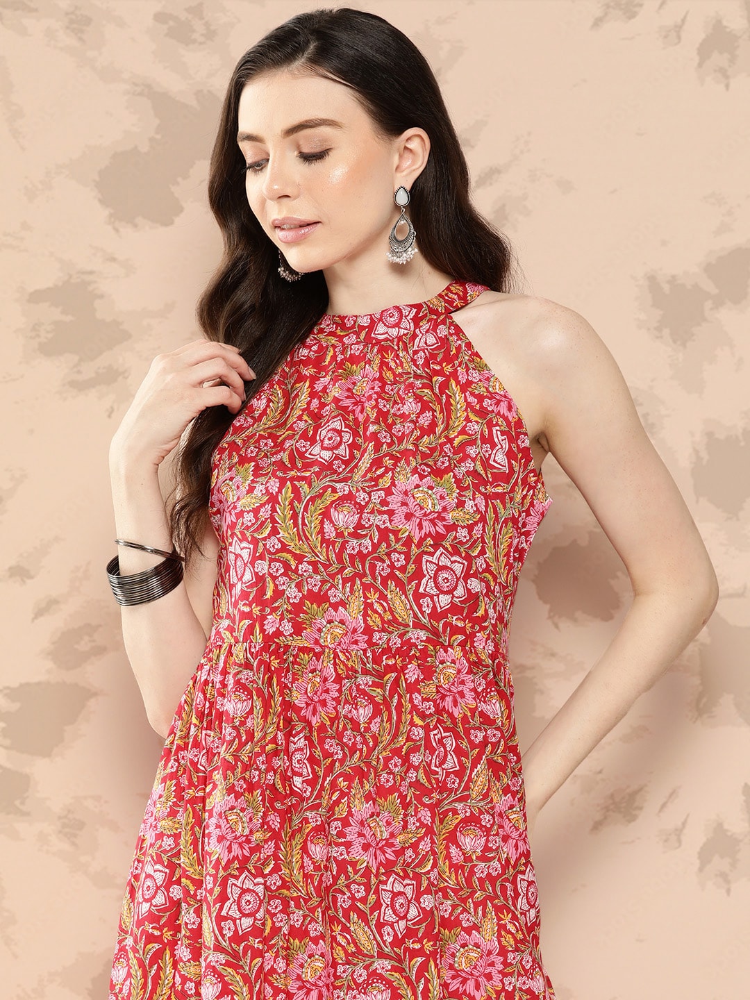 Kalini Floral Printed Halter Neck Pastels Anarkali Kurta - Distacart