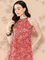 Thumbnail for Kalini Floral Printed Halter Neck Pastels Anarkali Kurta - Distacart