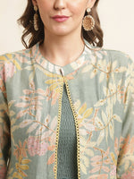 Thumbnail for Green Cotton Solid Flared Dress with Printed Shrug - Yukti - Distacart
