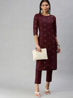 Thumbnail for Kalini Women Maroon Pure Cotton Geometric Woven Design Kurta with Trousers - Distacart