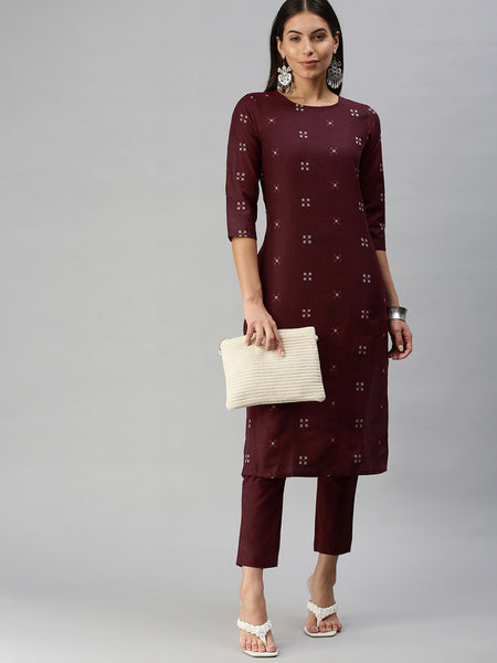 Kalini Women Maroon Pure Cotton Geometric Woven Design Kurta with Trousers - Distacart