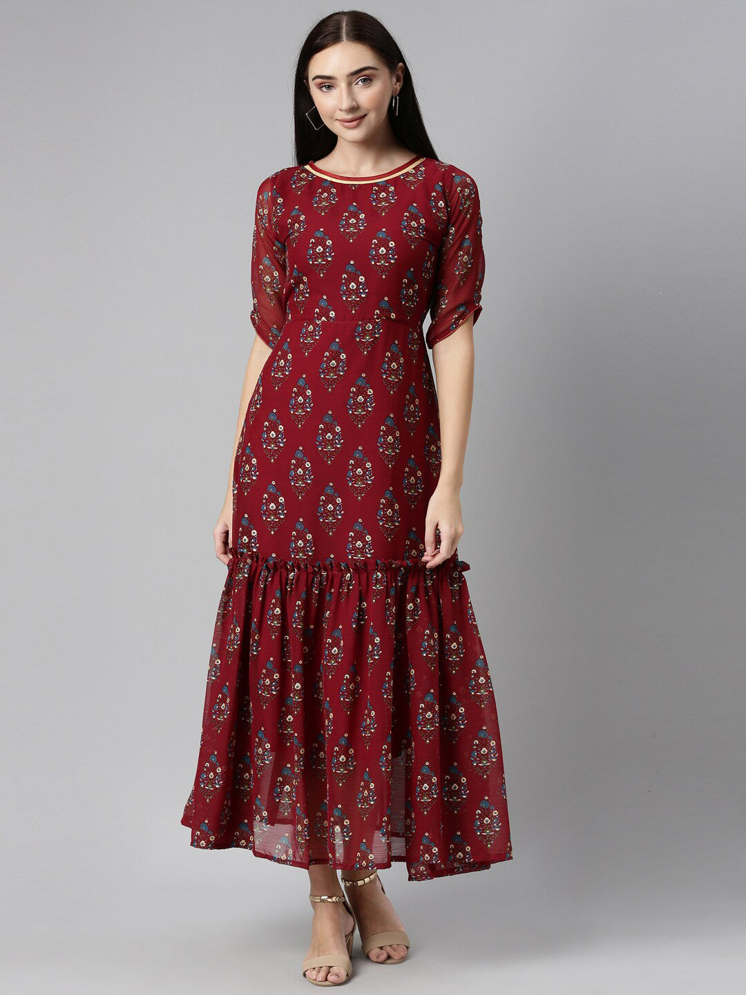 Souchii Floral Printed Boat Neck Chiffon Maxi Dress - Distacart