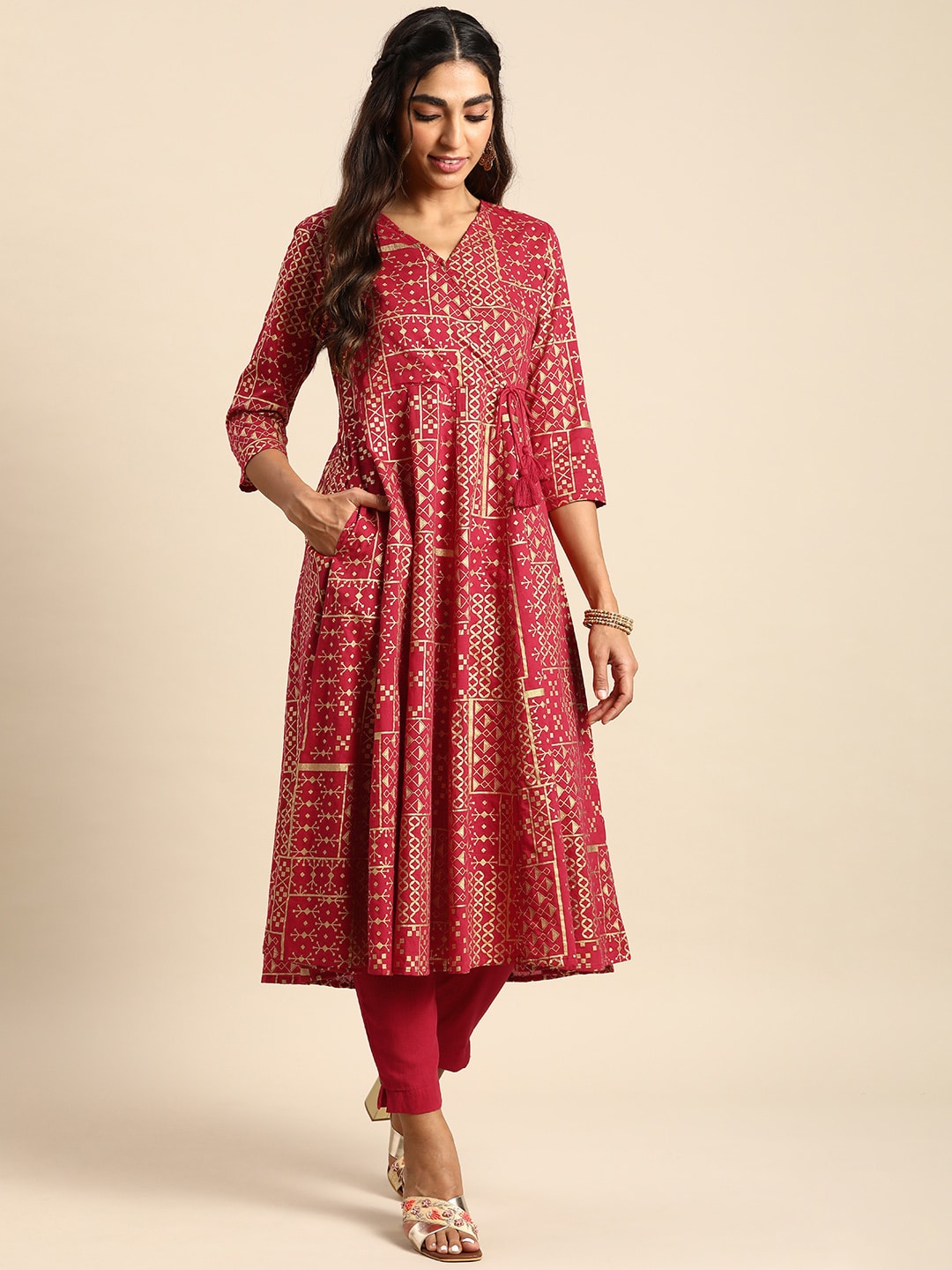 Sangria Women Ethnic Motifs Printed Angrakha Pure Cotton Kurta with Trousers - Distacart