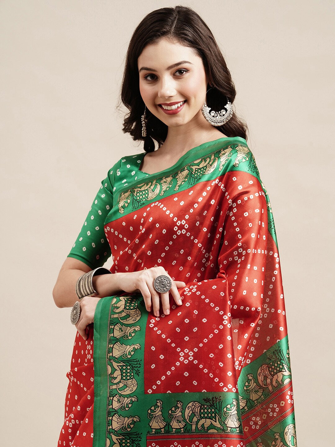 Saree Mall Red & Green Bandhani Printed Saree - Distacart