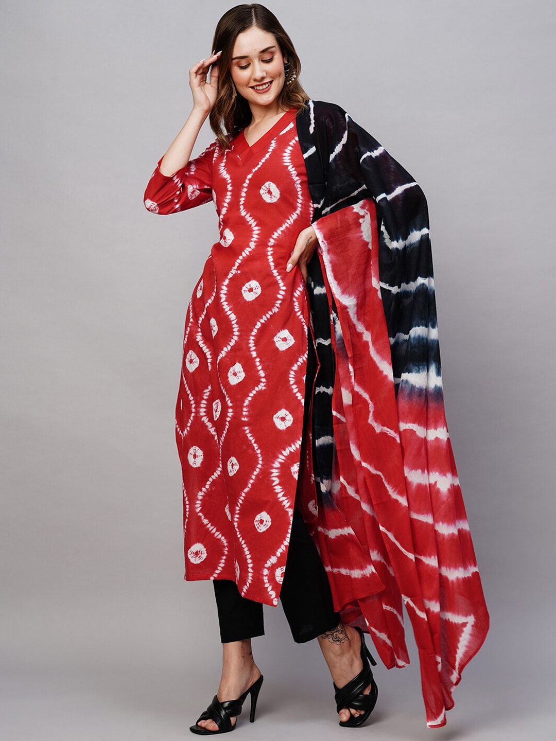 Kalini Bandhani Printed V-Neck Regular Kurta with Trousers & With Dupatta - Distacart