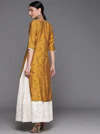 Thumbnail for Libas Mustard Yellow Bandhani Print Thread Work Indie Prints Chanderi Silk Kurta - Distacart