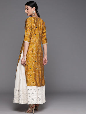 Libas Mustard Yellow Bandhani Print Thread Work Indie Prints Chanderi Silk Kurta - Distacart