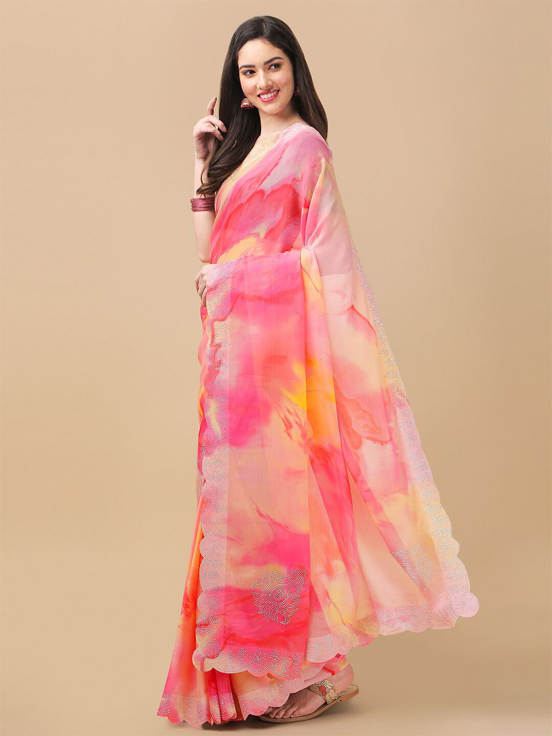 Mitera Rose & Yellow Tie and Dye Beads and Stones Saree - Distacart