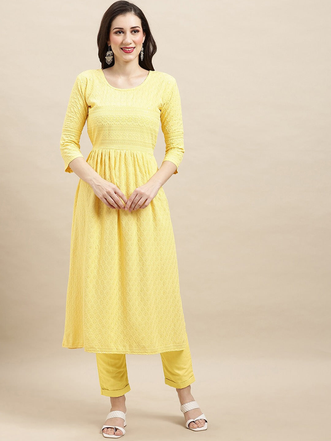Sangria Yellow Ethnic Motifs Embroidered Chikankari A-Line Kurta - Distacart
