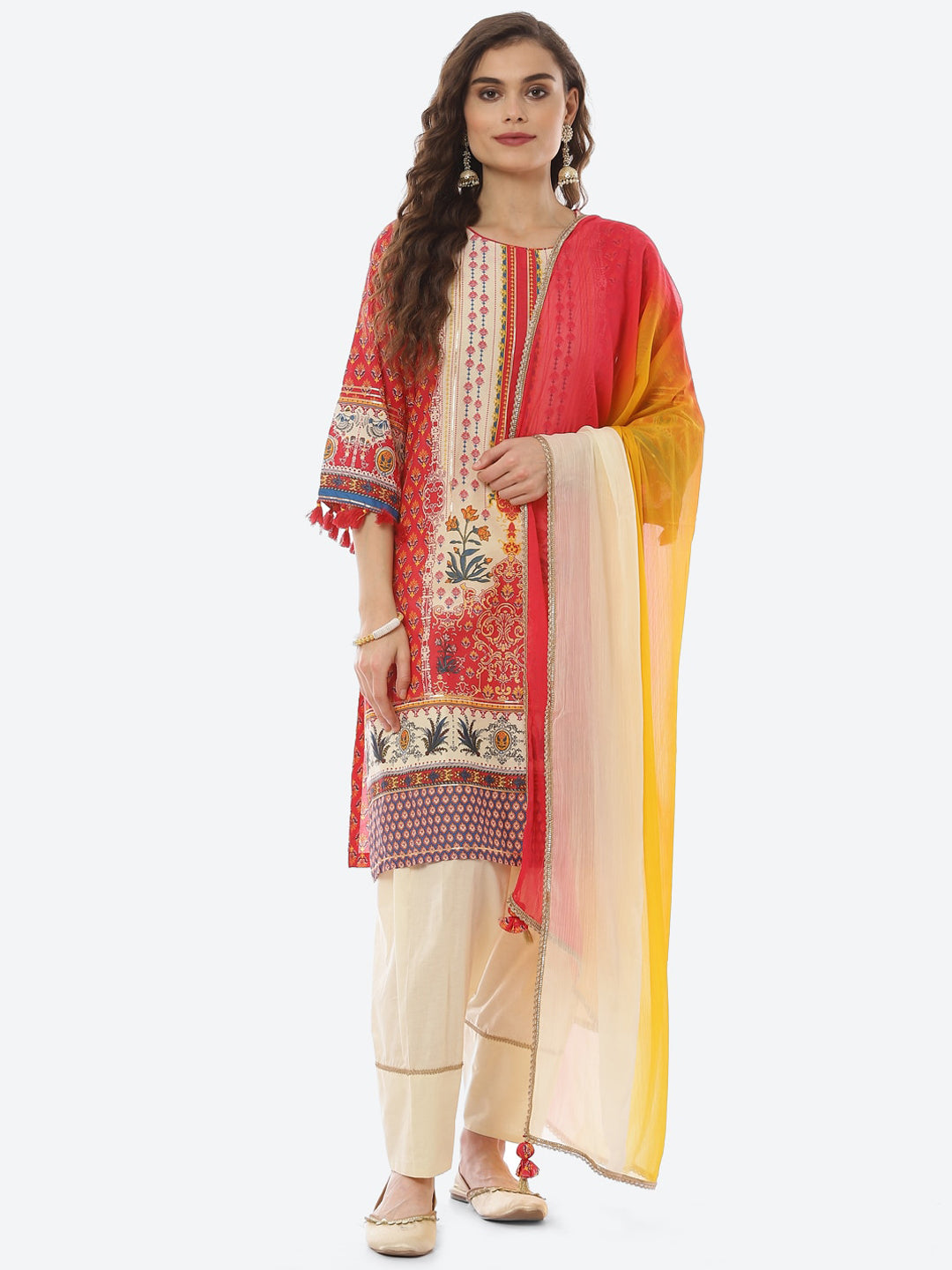 Biba Women Fuchsia Ethnic Motifs Printed Pure Cotton Kurta with Trousers & Dupatta - Distacart