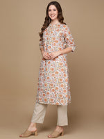 Thumbnail for HERE&NOW White & Yellow Floral Printed Sequined Cotton Kurta - Distacart