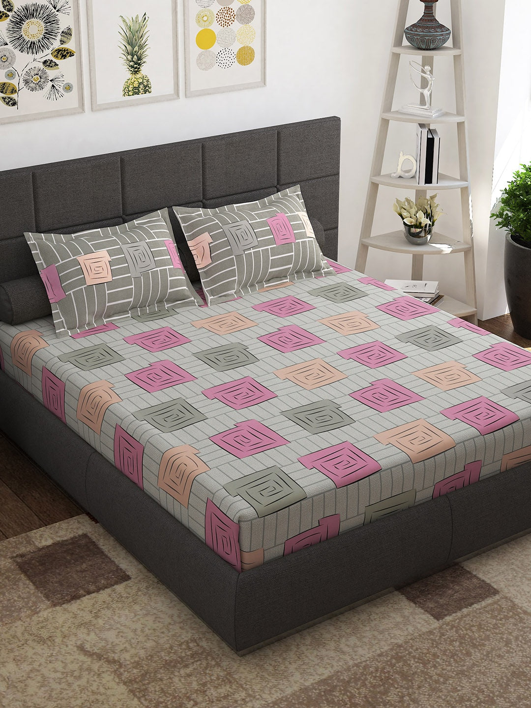 Story@home Beige & White Geometric Cotton 152 TC Queen Bedsheet With 2 Pillow Covers - Distacart