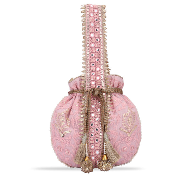 Masq Pink and Gold-Toned Embroidered Potli Clutch - Distacart