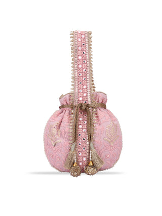 Masq Pink and Gold-Toned Embroidered Potli Clutch - Distacart