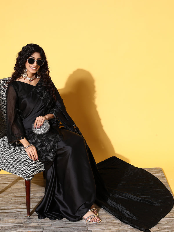 Tikhi Imli Black Floral Sequinned Satin Saree - Distacart