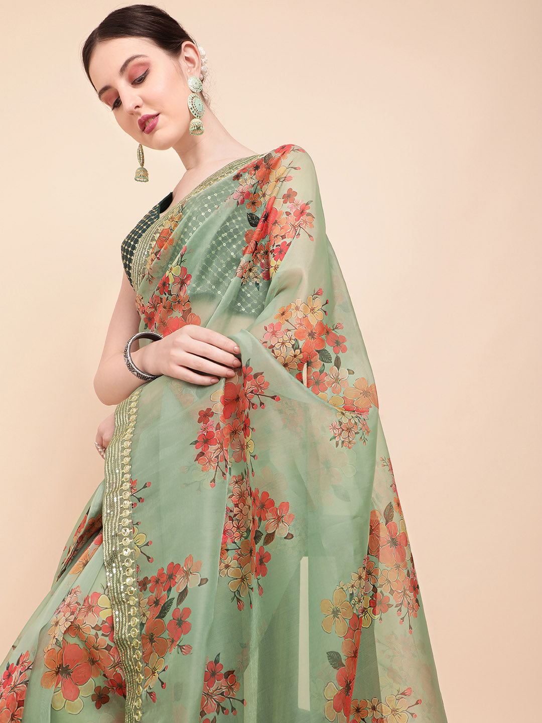 Sangria Olive Green & Red Floral Printed Organza Saree With Sequinned Blouse piece - Distacart