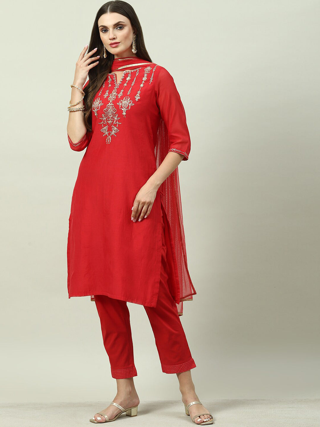 Biba Ethnic Motifs Embroidered Kurta with Trousers & Dupatta - Distacart