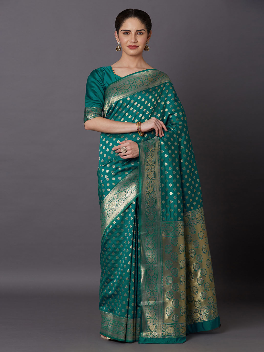 Mitera Turquoise Green & Gold-Toned Silk Blend Woven Design Kanjeevaram Saree - Distacart