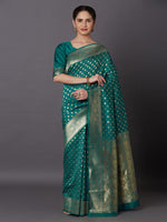 Thumbnail for Mitera Turquoise Green & Gold-Toned Silk Blend Woven Design Kanjeevaram Saree - Distacart