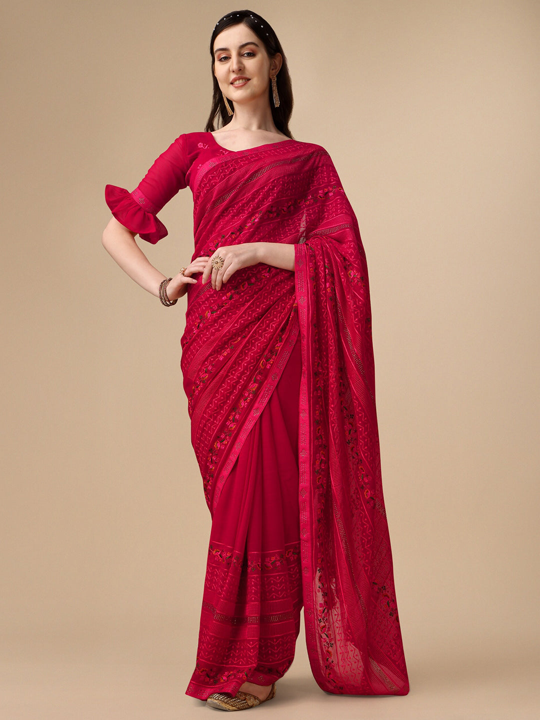 Kalini Floral Embroidered Pure Chiffon Saree - Distacart