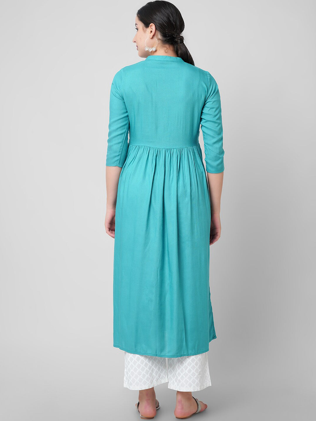 Kalini Women Sea Green Printed Flared Sleeves Thread Work Handloom Kurta - Distacart