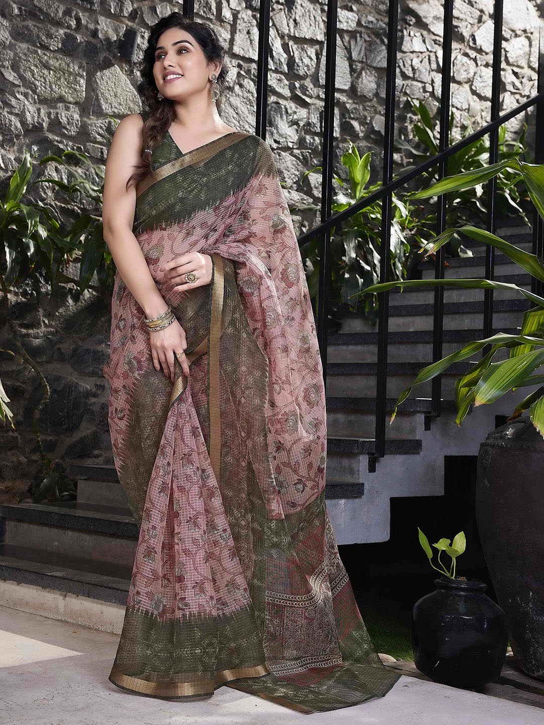 Kalini Pink & Green Floral Zari Organza Saree - Distacart