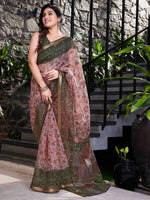 Thumbnail for Kalini Pink & Green Floral Zari Organza Saree - Distacart