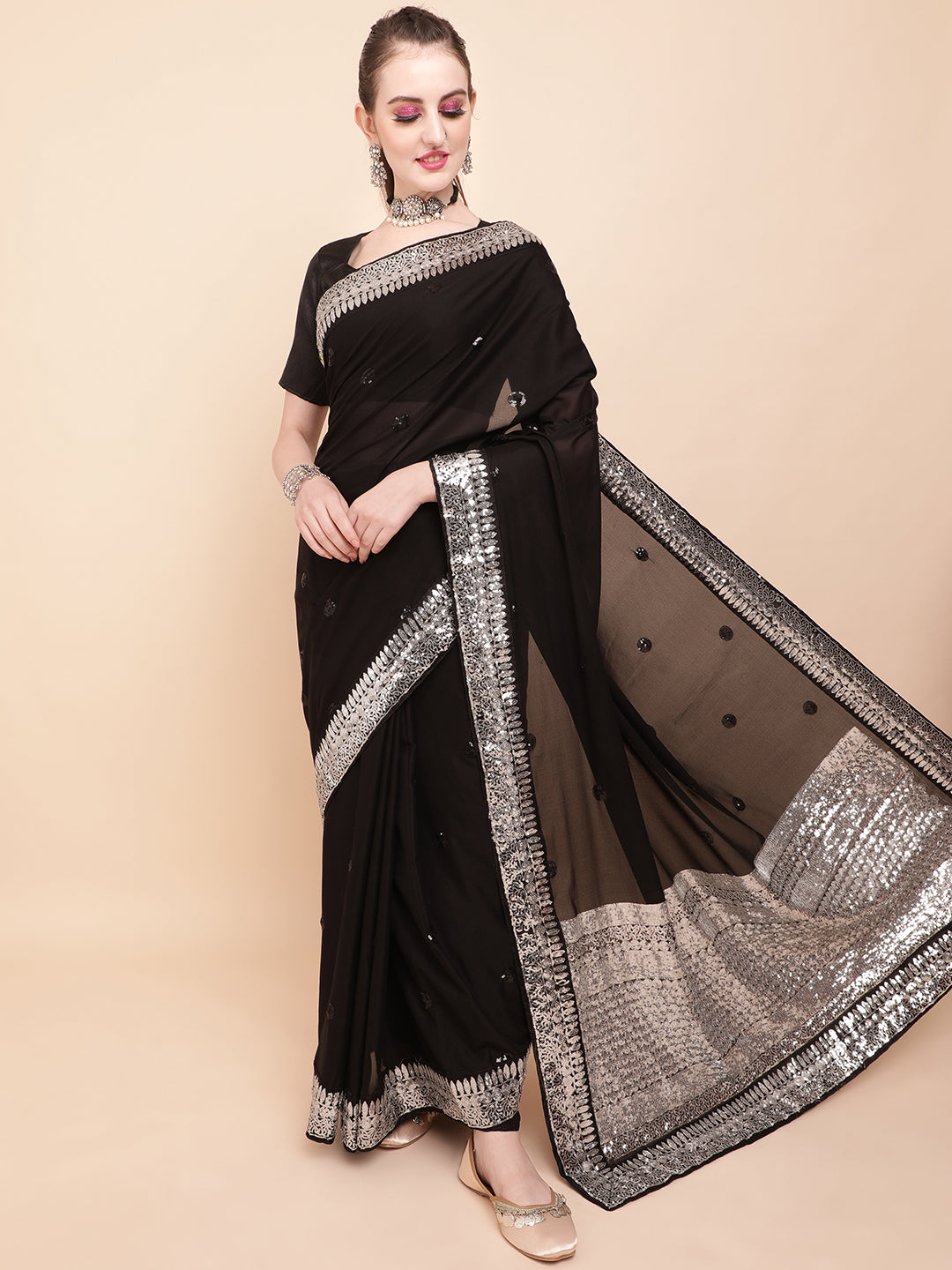 Sangria Black & Silver-Toned Embellished Sequinned Pure Georgette Saree - Distacart
