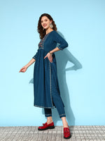 Thumbnail for Sangria Ethnic Motifs Yoke Design Pleated Sequinned Kurta with Trousers & Dupatta - Distacart
