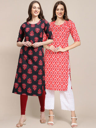 Kalini Women's Crepe Black & Red Color Ethnic Motifs Printed Straight Kurta (Pack Of 2) - Distacart