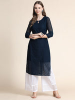 Thumbnail for Kalini Women Blue Embroidered Thread Work Floral Georgette Kurta - Distacart