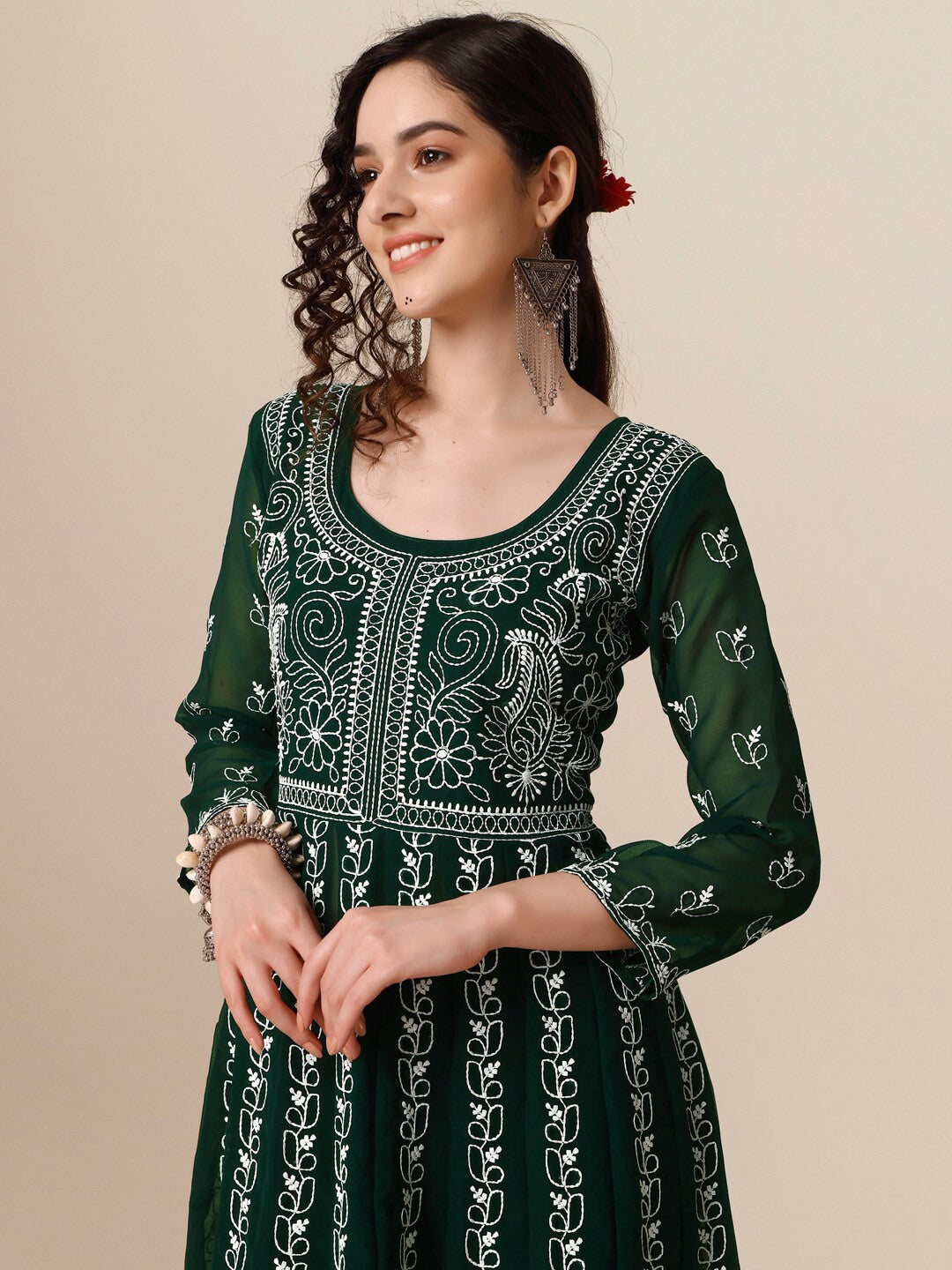 HERE&NOW Ethnic Motifs Embroidered Chikankari Georgette Anarkali Kurta - Distacart