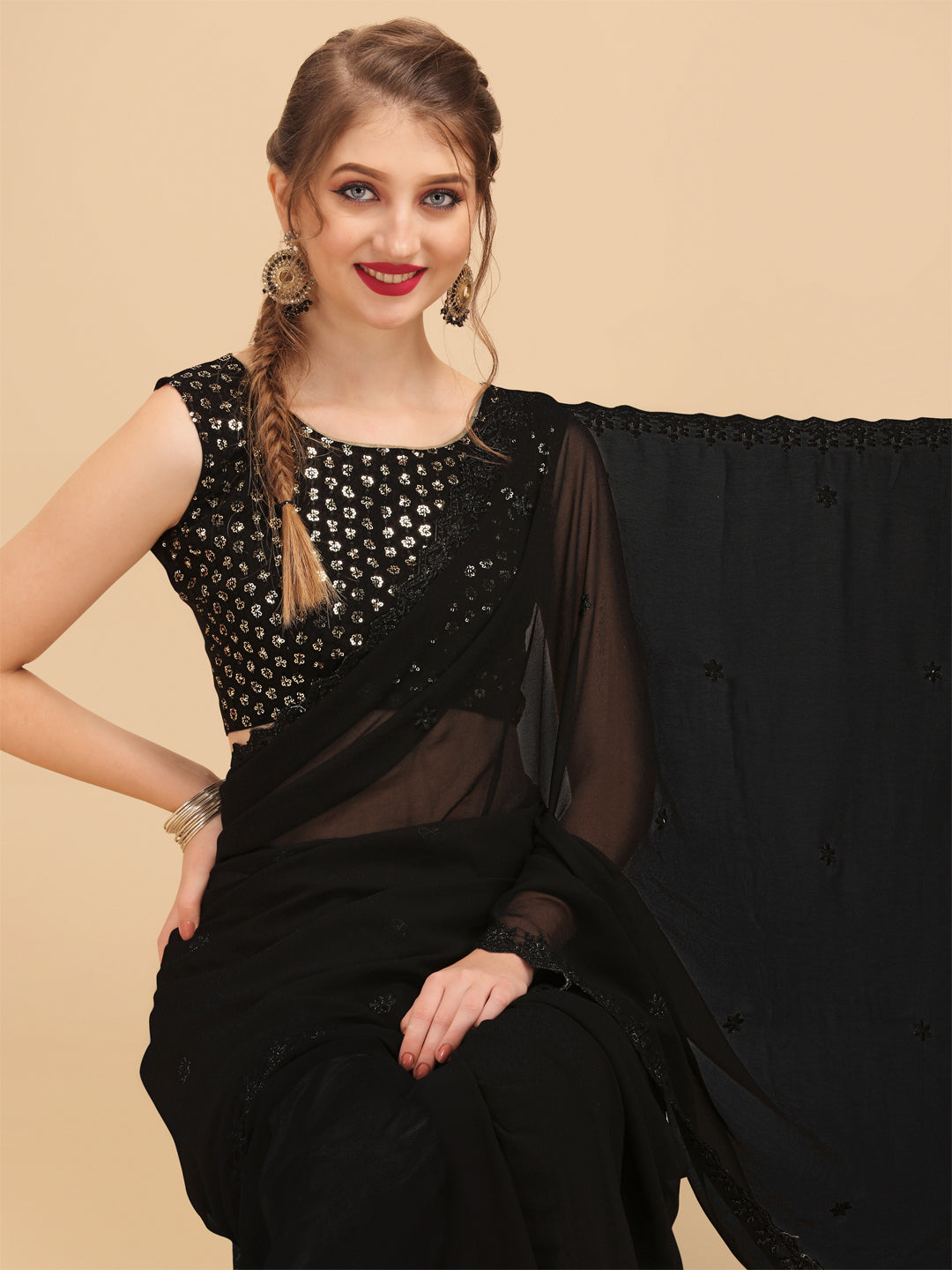 Sangria Black Embellished Sequinned Pure Georgette Saree - Distacart