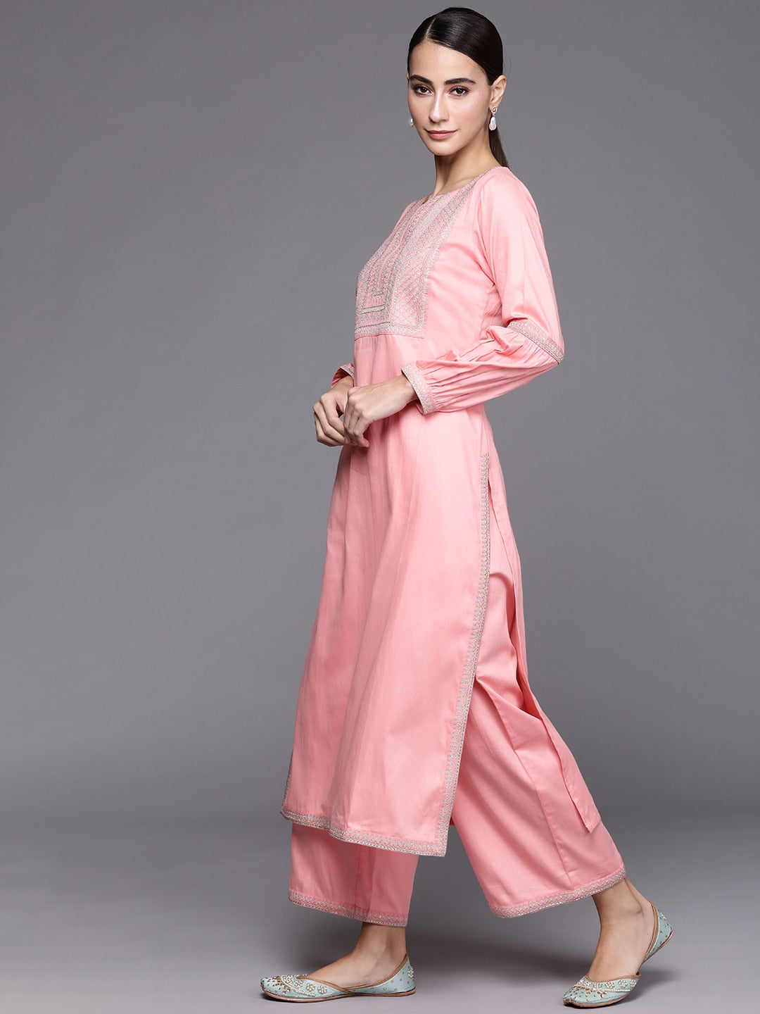 Libas Pink Floral Yoke Design Regular Kurta with Palazzos & Dupatta - Distacart