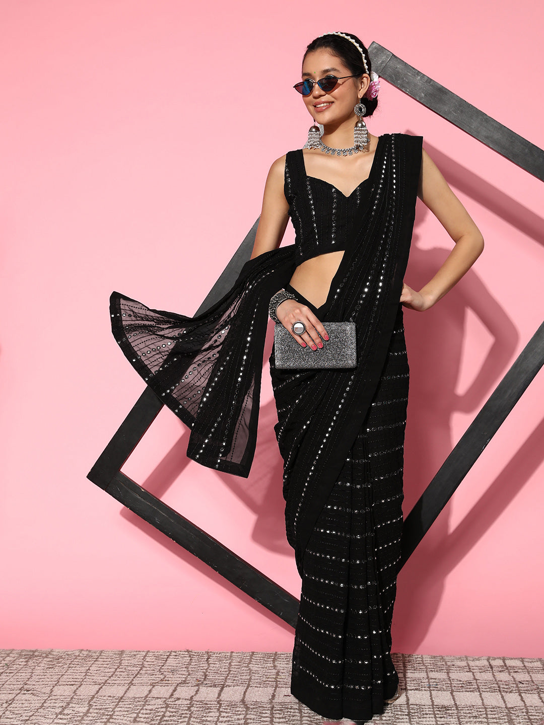 Mitera Embellished Mirror Work Pure Georgette Saree - Distacart